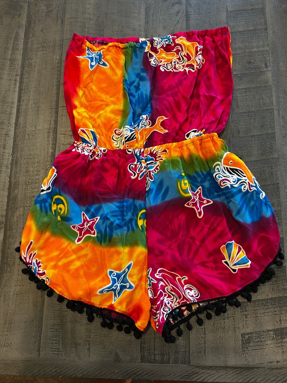 Tropical Strapless Romper Women's XS S Rainbow Batik Pom Pom Trim Beach Festival